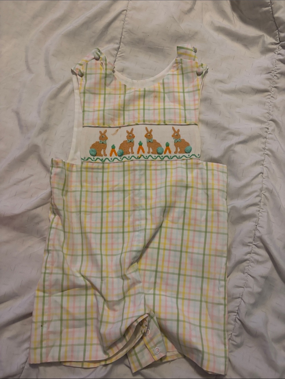 Pastel Plaid Bunny Smocked Overalls - Pink/Yellow/Green